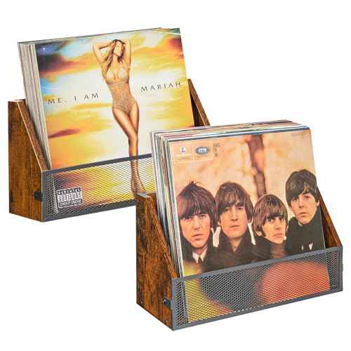 Vinyl Record Storage Wall Mount 2 Packs, Vintage Wood Album Record Holder and LP Display Shelf for Records Collector, Store, Home, Artistic Space,Fits 7"-12" Records