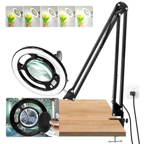 HITTI 10X Long Magnifying Glass with Light and Stand, 2200 Lumens Dimmable Bright LED Lighted Magnifier, Ajustable Swing Arm Magnifying Desk Lamp with Clamp, Hands Free for Hobby Repair Workbench