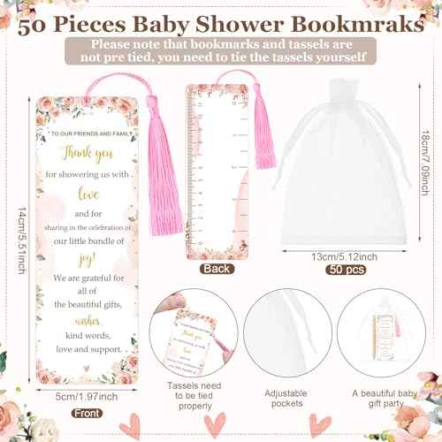 50 Sets Baby Shower Favors for Guests Includes 50 Baby Shower Ballpoint Pens 50 Thank You Bookmarks 50 Organza Bags for Gender Reveal Gifts Guest Prizes(Floral,Pink)