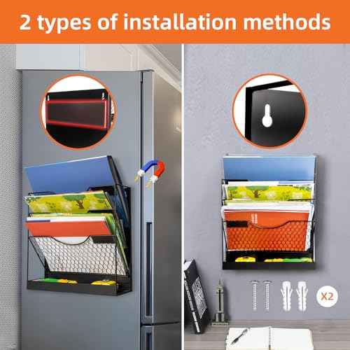 Magnetic File Holders, 4 Tier Magnetic Paper Holders for Office File Cabinet,Refrigerator, Whiteboard, No Drilling Installation Magnetic Mail Holder Basket Storage Folder Holder,2pack