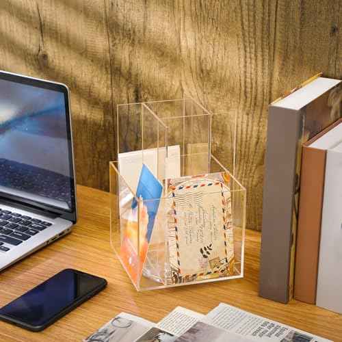 Suzile 2 Pcs Clear Acrylic Brochure Holder for 4 inch Pocket Rotating Tabletop Plastic Pamphlet Holder 360 Degrees Pinning Brochure Display Stand Organizer for Magazine Flyers Countertop