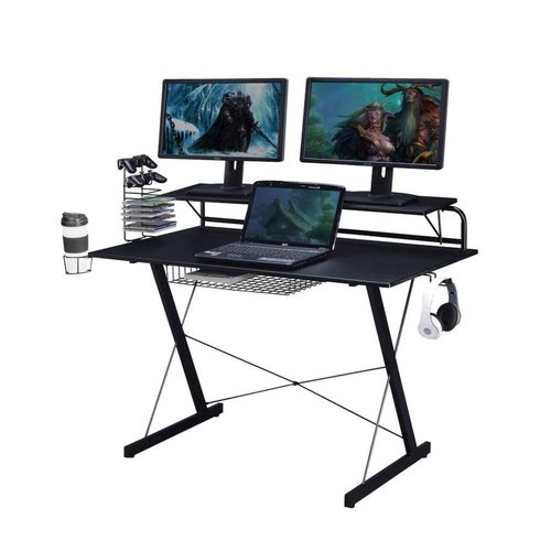 Furnifact Black Gaming Desk with Cup Holder, CD Rack, Storage Tray, Monitor Stand Support, Ergonomic Gaming Table and PC Desk for Home Or Office Use