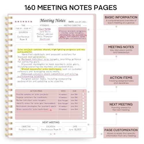 Meeting Notebook for Work Organization - Work Planner Notebook with Action Items, Agenda Planner for Note Taking, 160 Pages (6.9" X 9.9") Project Organizer for Men & Women - Pink