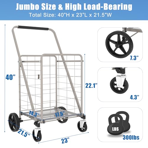 Shopping Cart for Groceries, Grocery Cart on Wheels with Encrypted Bottom & Waterproof Bag, Heavy Duty Rolling Trolley for Shopping Laundry Book Luggage, Hold Up to 300 LBS