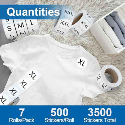 3500 Pcs 1 Inch Size Stickers for Clothing XS-XXXL, Self Adhesive Clothing Shirt Size Stickers Rolls, Round Black Apparel Size Labels Stickers for T-Shirts Trousers Skirt Retail & Home