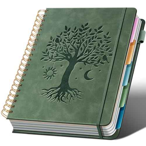 Hardcover Spiral Notebook 8.5" x 11" with 5 Removable Dividers 300 Pages Leather 5 Subject Notebook College Ruled 100GSM Large Spiral Notebooks for Work Thick Lined Journal for Women, Green
