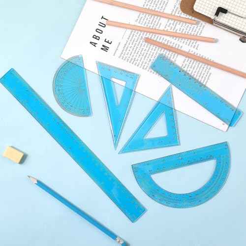 Tenare 1 Set Plastic Clear Math Set Includes Protractor Triangle Rulers 12 Inch 6 Inch Straight Geometry Math Transparent Ruler Measuring Tool for School Office Home Supplies(Blue)
