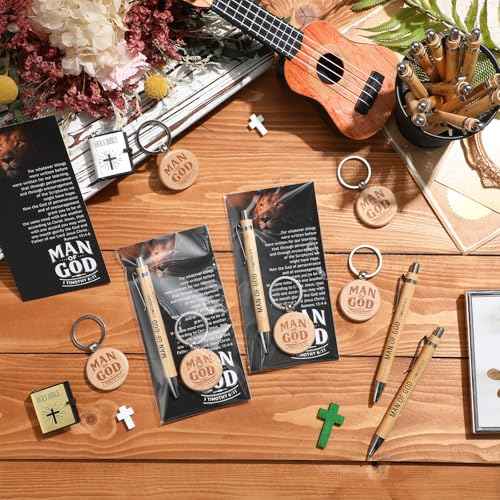 Landical 50 Sets Father Day Man of God Gifts for Men Christian Baptism Gifts, 50 God Keychains 50 Bible Verse Ballpoint Pens 50 Cards Pastor Appreciation Favors for Church Father's Day Supplies