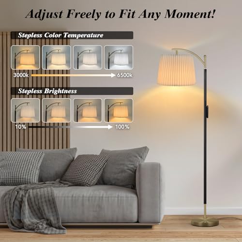 Etto Dimmable Floor Lamp with Fabric & Pleated Shades, Remote & Touch Control, Adjustable Brightness & Color Temperatures, Farmhouse Tall Standing Lamp for Living Room Bedroom Office (Black Gold)