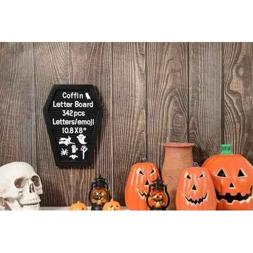 Coffin Felt Letter Board with 342 Changeable Letters&Numbers, 10.8¡±x8¡± Spooky Letterboard Gothic Message Board Letter Sign Board with Stand and Canvas bag for Halloween Party Christmas
