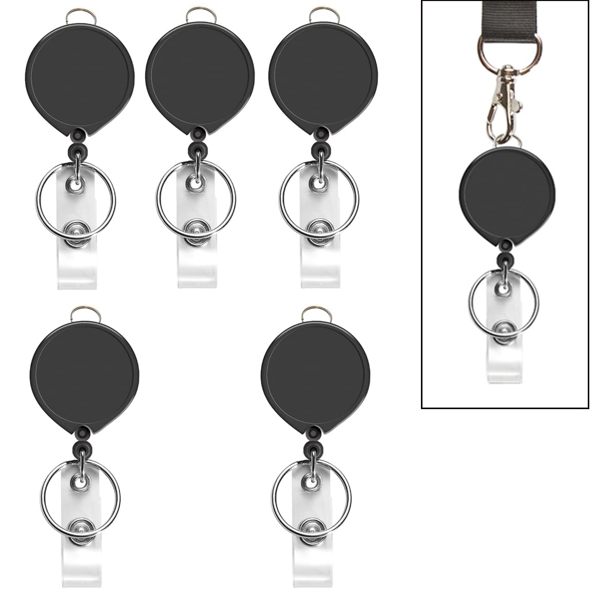 AIWOQI 5 Pack Black Retractable Badge Reels for Lanyards,Nurses,Badge Holder,Reel Retractable with Metal Ring, with Clip