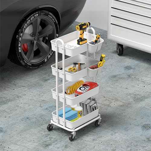 Simple Houseware 4-Tier Multifunctional Rolling Utility Cart with Hanging Buckets, White