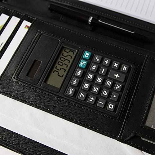Cossini Black Superior Vegan Leather Business Portfolio with Zipper ? Padfolio All-in-One. Smartest Protective 10.1 Inch Tablet Sleeve, Presentation Slot, Solar Calculator, Card Storage, Writing Pad