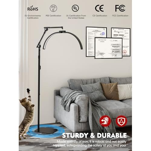 KARITE Half Moon Light for Lash Tech, LED Floor Lamp for Eyelash Extensions with Phone Holder, Adjustable Angle(3 Joints) & Height Desk Lamp for Nail Tch, 3000-6500K for Reading Makeup Tattoo