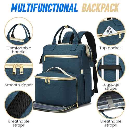 Lunch Backpack, 15.6 Inch Laptop Backpack with USB Port, Stylish Nurse, Teacher and Work Bag with Insulated Cooler Lunch Box for Women, Blue