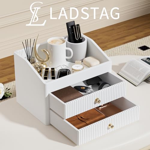 Desk Organizer,Beige White Vegan Leather Desk Accessories & Workspace Organizers with 2 Drawers & Tray,Key Holder with Gold-Tone Metal Accents knob£¬Jewelry Box,Nightstand