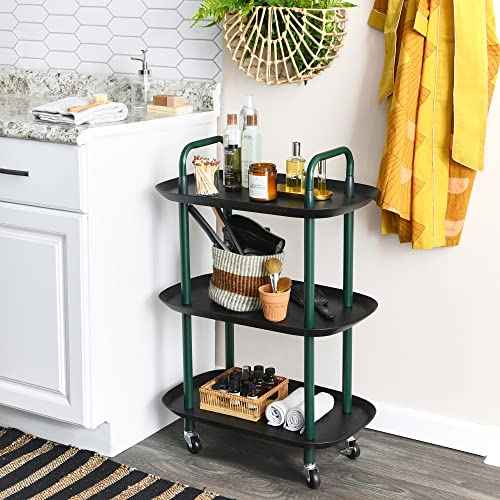 Main + Mesa Modern Plastic and Metal 3-Tier Trolley, Black and Dark Green