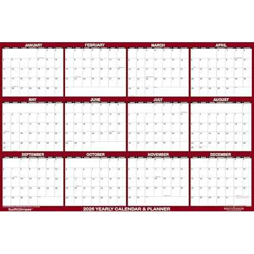 18" x 24" SwiftGlimpse 2026 Wall Calendar Erasable Large Wet & Dry Erase Laminated 12 Month Annual Yearly Wall Planner, Reversible, Horizontal/Vertical, Maroon