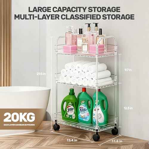 Betoveren 3 Tier Utility Rolling Cart with Wheels Multifunctional Storage Cart Clear Movable Storage Organizer with Handle and Hooks for Home Kitchen Office Bathroom Organization Transparent