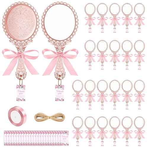 24 Set Vintage Handheld Mirror Large Handheld Compact Mirror with Ribbon and Thank You Tags Travel Makeup Mirror Hand Mirror Vintage for Quinceanera Wedding Princess Party Favors for Guests(Rose)