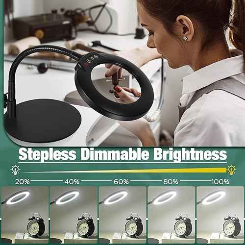 Drdefi 10X Magnifying Glass with Light and Stand, 5 Color Modes Stepless Dimmable Flexible Gooseneck Magnifying Desk Lamp, LED Lighted Magnifier Hands Free for Close Work Craft Reading Painting Hobby