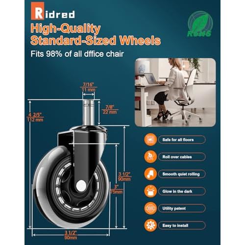 RidRed Office Chair Wheels - Replacement Rubber Wheels - Universal Fit 3 Inch Casters, Heavy-Duty Chair Casters, Noise Free, Fits 98% Chair, for All Floor (5)