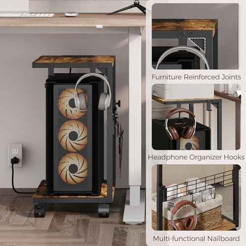 PC Stand with Charging Station, Height Adjustable Computer Tower Stand, 19.7"-31.5" H, Computer Cart with Wheels and Hooks, CPU Holder for Floor, Carpet and Under Desk, Rustic Brown