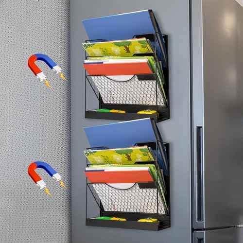 Magnetic File Holders, 4 Tier Magnetic Paper Holders for Office File Cabinet,Refrigerator, Whiteboard, No Drilling Installation Magnetic Mail Holder Basket Storage Folder Holder,2pack