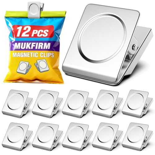 Mukfirm 12 Pack Large Silver Magnetic Clips - Heavy Duty Note & Paper Clips