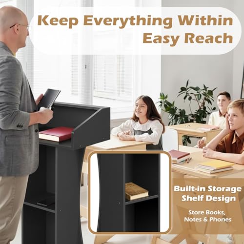 Verssure Podium Stand with Lockable Wheels (47 H) Black – Wooden Lectern with 3 Storage Shelves