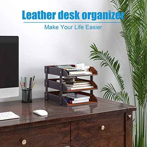 Leather Desk Organizer, Thipoten 3-Tier Stackable Letter Tray Holder for Office Supplies, Paper, File, Magazine, Perfect Office Organization for Desktop (Brown-3Tiers)