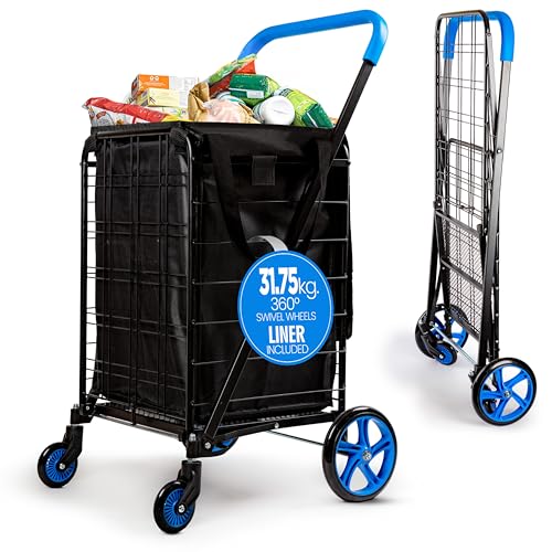 SereneLife Small Compact Folding Shopping Cart with Removable Waterproof Liner ? 360¡Æ Swivel Wheels, Rust?Proof Steel Frame, 70?lb Capacity ? Portable Grocery, Laundry & Travel Cart (Blue)