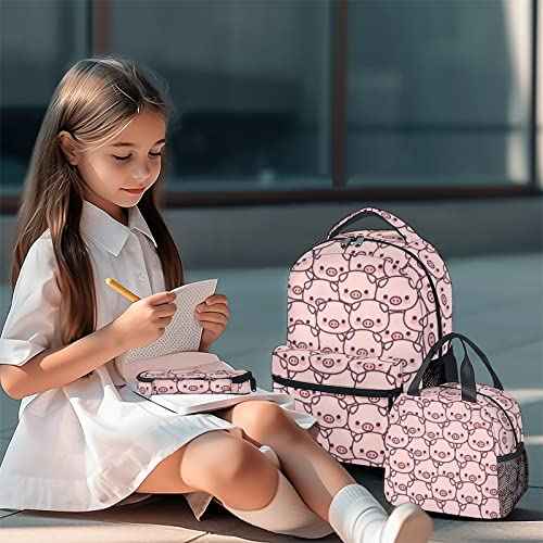 Pig Backpack with Lunch Box and Pencil Case, 16 Inch Cute Pig Bookbag Durable, Lightweight, Large Capacity, Funny Animal Backpack for School Girls Kids Women