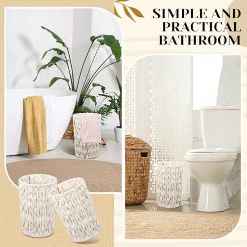 2 Pcs Wicker Trash Cans 2 Gallon Rattan Waste Baskets for Bathroom Wicker Waterproof Boho Trash Cans Compact Woven Round Decorative Waste Baskets for Bedroom Office Bathroom(White)