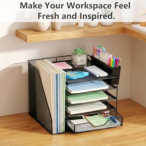 Gugsey Black 5-Tier Desk File Organizer with Drawer & Pen Holder