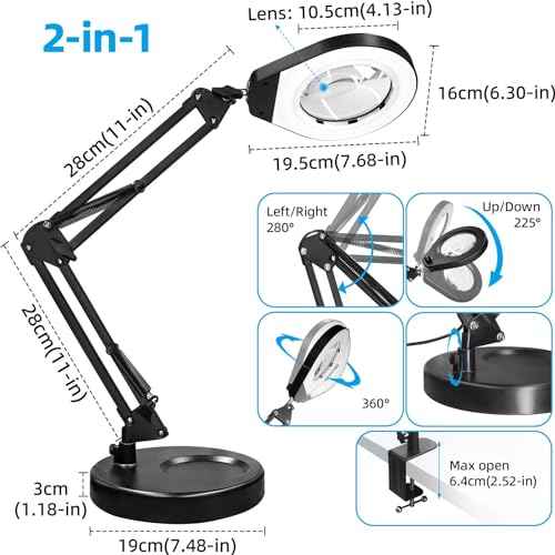 Magnifying Glass with Light and Stand & Clamp, Magnifying Desk Lamp with LED Lighted 5X Magnifier, Dual Fixtures, Upgraded Switch, for Hobby Craft Repair Reading Precision Work