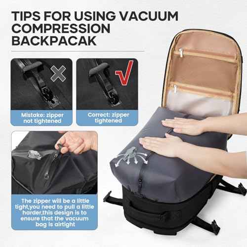 Vacuum Backpack Travel With Pump for Women Men Personal item Travel Bag Carry on Backpack Flight Approved Work College Casual Daypack Backpacks with Vacuum Compression Black