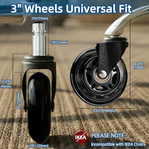 HOSALI Modern-Black 3 Inch Office Chair Wheels Set of 5 - Heavy-Duty Rubber Casters for All Floors
