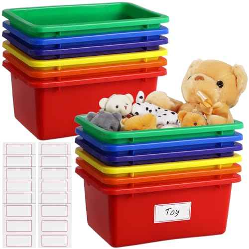 12 Pcs Plastic Cubby Bins with Labels, Plastic Storage Bins and 36 Self-Adhesive Labels, Office Storage Container Assorted Color, Stacking Home Organizer Bin, Classroom Toy Organizing Box