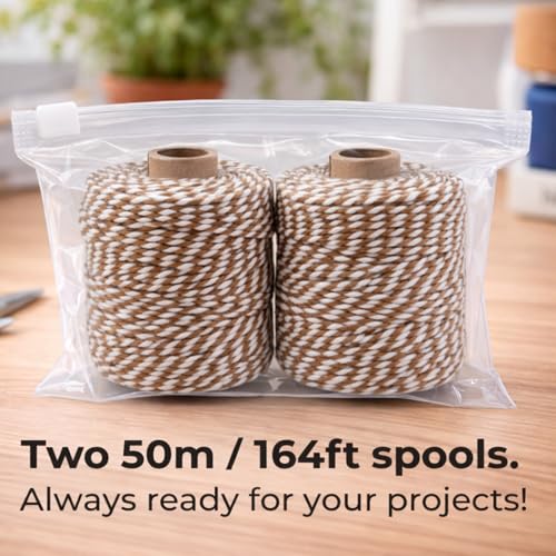 Tan White Cotton Twine String 2mm Thick, 164 ft per Roll – 2 Pack for Crafts Gift Wrapping