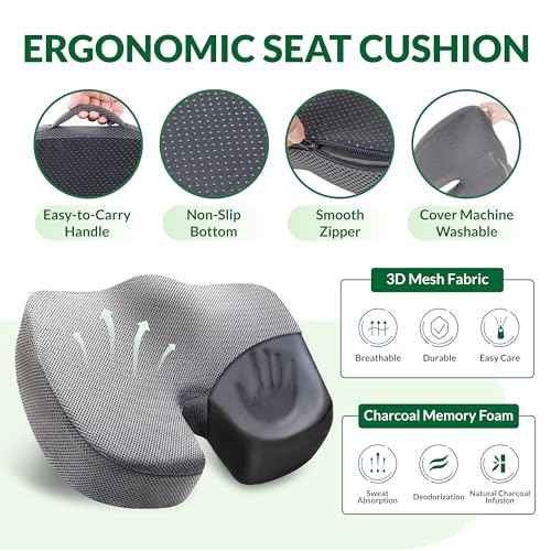 Seat Cushion & Adjustable Lumbar Support Pillow Set, Charcoal Memory Foam Back & Tailbone Pain Relief, Non-Slip & Washable Cover, for Office Chair, Car Seat, Wheelchair - Grey