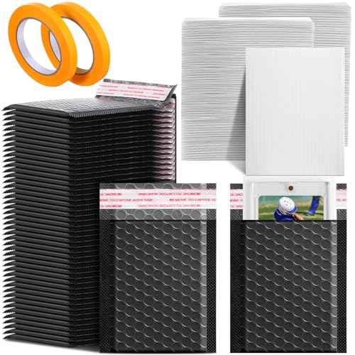 302 Pcs Trading Card Shipping Protector Set Include 200 Precut Plastic Inserts Card Mailers 100 Poly Bubble Mailers Padded Envelopes and 2 Masking Tape (Black,5.5 x 6.3 Inch)