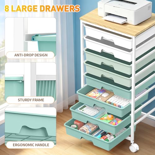 SUNALLY Green Rolling Cart with 8 Drawers, Heavy-Duty Storage Organizer