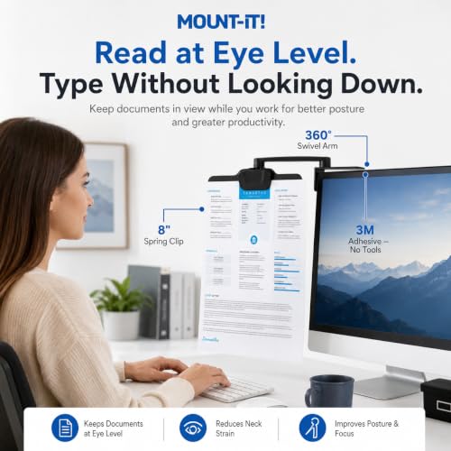 Mount-It! Monitor Document Holder Clip with 360° Swivel & Adhesive Mount