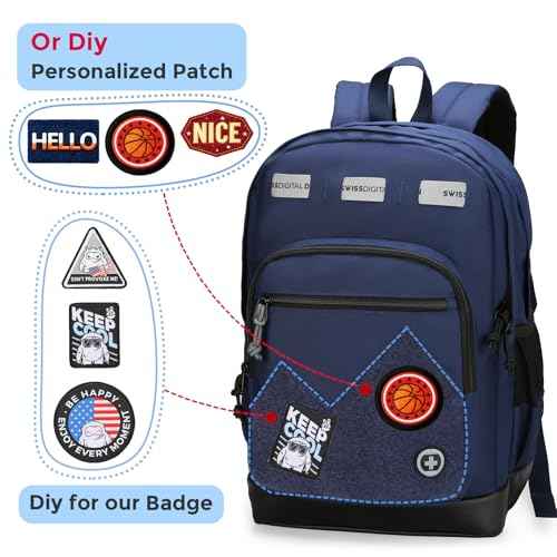 Swissdigital Design Cool Backpack, Stylish School Laptop Backpack with Fun Personalized Patches Fits 16 Inch Notebook, Travel Bag Pefect for Boys & Girls, Dark Blue | BERIKON - Includes 3 Patches