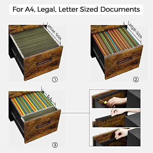 SONGMICS File Cabinet, Pre-Assembled Except Wheels and Handles, Office Filing Cabinet with Lock, for A4, Legal, Letter Sized Documents, 17.7 x 14.4 x 23.6 Inches, Rustic Brown and Black UOFC110B01V1