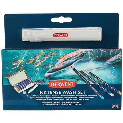 Derwent Inktense Wash Set, Set includes 8 Inktense Pencils, 1 Spritzer, 1 Waterbrush, 1 Paint Brush, Premium 4mm Round Core, Watersoluble, Use on Paper or Fabric, Professional Quality (2302584)