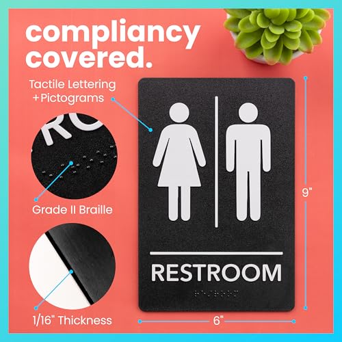 ExcelMark Unisex ADA Compliant Restroom Sign with Braille - 9x6 Inch Bathroom Sign with Double-Sided Tape