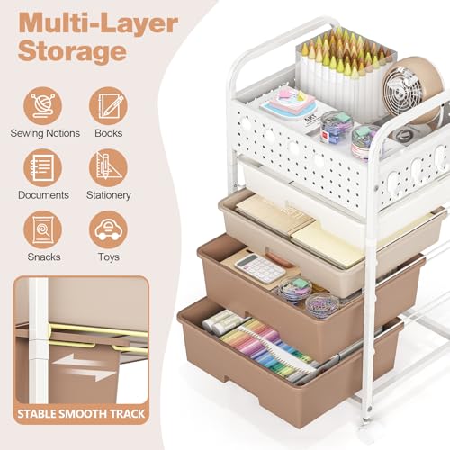 SYKIARIOL 4-Drawer Rolling Storage Cart with Pegboard Top, Brown