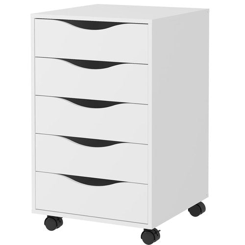 QDSSDECO 5 Drawer Chest Wood File Cabinet Rolling Storage Dresser with Wheels for Home Office, White